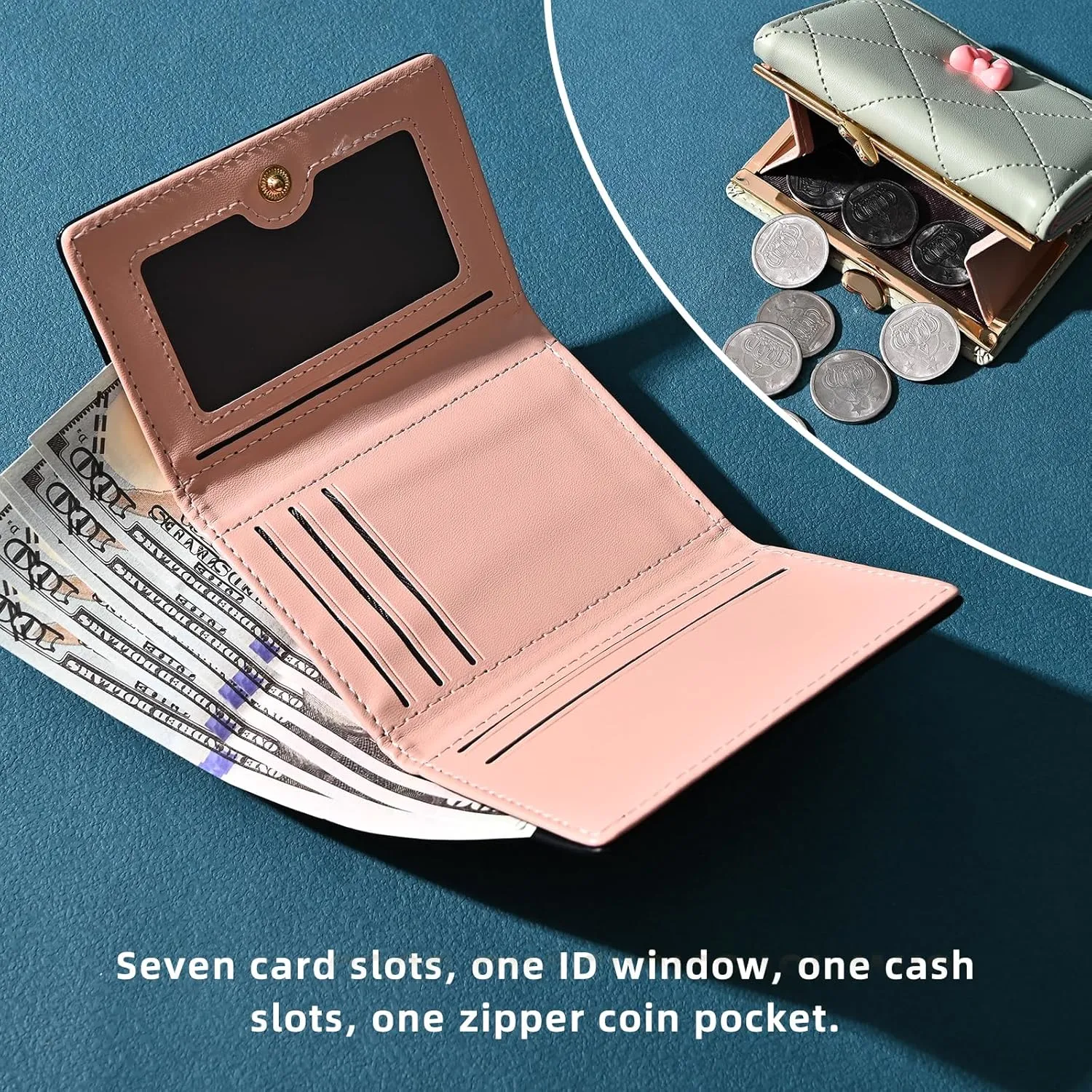Wallet Women, Cute Small Coquette Bow Trifold Wallets Woman, Heart Shaped Kiss-lock Business Credit Card Coin Holder Purse Pocket for Cash Key Change (Green)