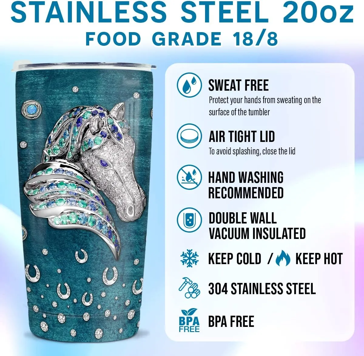 Wassmin Horse Tumbler Horse Gifts For Women Girl Horses Cup 20oz Jewelry Drawings Stainless Steel Insulated Coffee Travel Mug Cup Tumblers Equestrian Gifts For Birthday Christmas