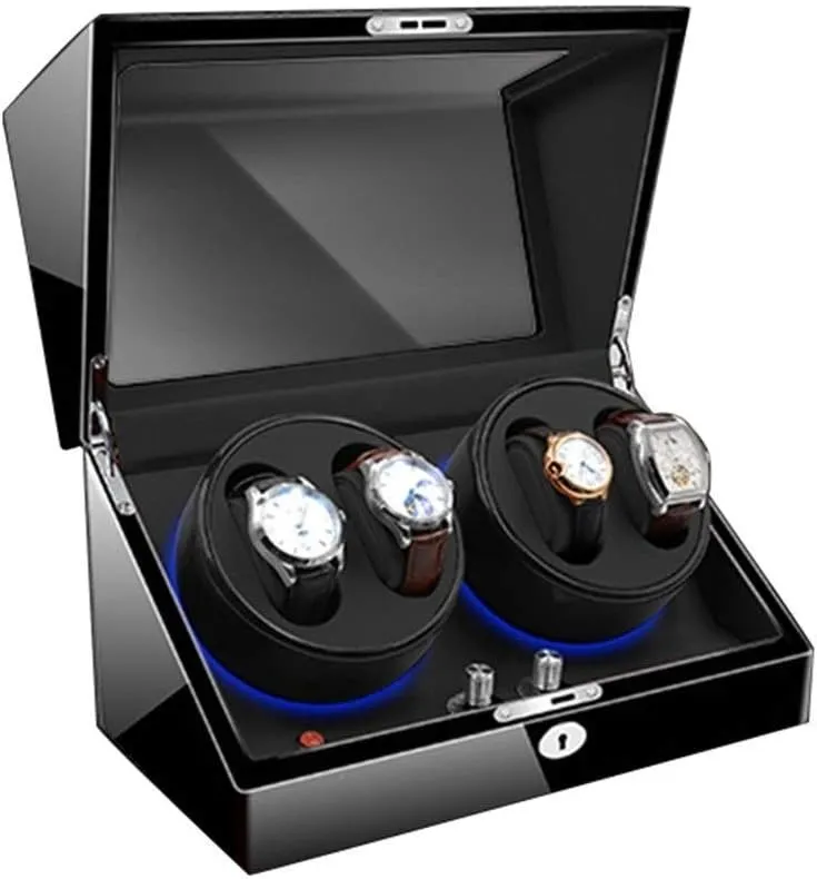 Watch Storage Box Wood Watch Winder for 4 Automatic Watches with 6 Storage Slots,4 Speeds LED Lighting 3 Rotation Movements 4 Rotary Plates Quiet Motor Unisex Watch Watch Display Storage Box
