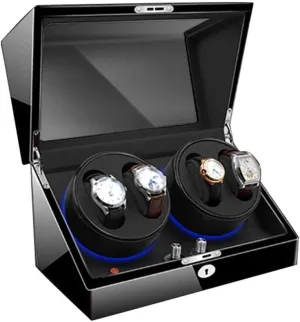 Watch Storage Box Wood Watch Winder for 4 Automatic Watches with 6 Storage Slots,4 Speeds LED Lighting 3 Rotation Movements 4 Rotary Plates Quiet Motor Unisex Watch Watch Display Storage Box