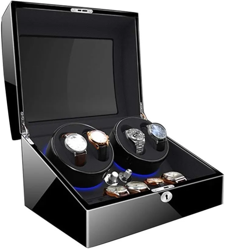 Watch Storage Box Wood Watch Winder for 4 Automatic Watches with 6 Storage Slots,4 Speeds LED Lighting 3 Rotation Movements 4 Rotary Plates Quiet Motor Unisex Watch Watch Display Storage Box