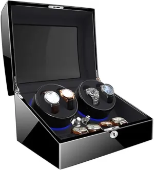 Watch Storage Box Wood Watch Winder for 4 Automatic Watches with 6 Storage Slots,4 Speeds LED Lighting 3 Rotation Movements 4 Rotary Plates Quiet Motor Unisex Watch Watch Display Storage Box