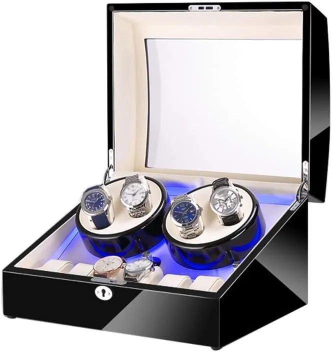Watch Watch Winder Box 4 6, with Blue LED Light, Super Quiet Motor, 4 Rotation Modes, for Man and Woman's Watches (Black)