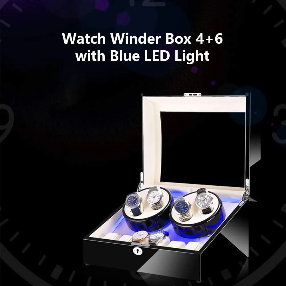 Watch Watch Winder Box 4 6, with Blue LED Light, Super Quiet Motor, 4 Rotation Modes, for Man and Woman's Watches (Black)