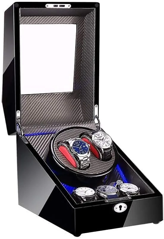 Watch Winder for 2 Watches   3 Storage LED Light Wood Shell and Carbon Fiber Leather Quite Motors Fit Lady and Man Watches (Gray Black)