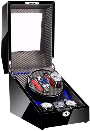 Watch Winder for 2 Watches   3 Storage LED Light Wood Shell and Carbon Fiber Leather Quite Motors Fit Lady and Man Watches (Gray Black)
