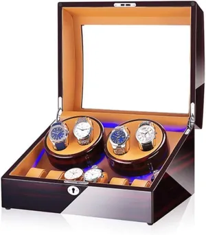 Watch Winder for 4 Watches   6 Storage, with LED Light, Quiet Motor, Wood Shell Piano Paint Exterior, 4 Rotation Modes Watch Winder Storage Display Box