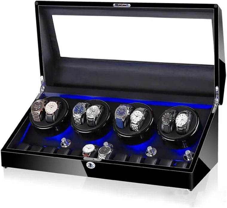 Watch Winder for 8 Watches   12 Storage, LED Light, Extremely Silent Motor, Leather Interior, Wood Shell Piano Paint Exterior Watch Winder for Automatic Watches (C)