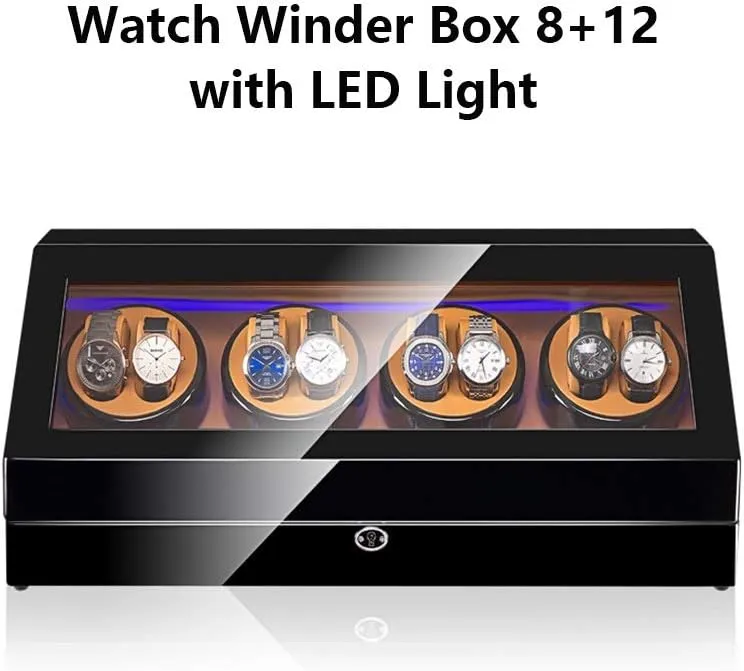 Watch Winder for 8 Watches   12 Storage, LED Light, Wood Shell Piano Paint Exterior, Leather Interior, Extremely Silent Motor Watch Winder Display Watch Box Case Watch Storage