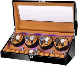 Watch Winder for 8 Watches   12 Storage, LED Light, Wood Shell Piano Paint Exterior, Leather Interior, Extremely Silent Motor Watch Winder Display Watch Box Case Watch Storage