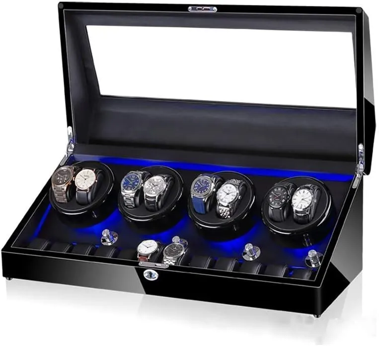 Watch Winder for 8 Watches   12 Storage, LED Light, Wood Shell Piano Paint Exterior, Leather Interior, Extremely Silent Motor Watch Winder Display Watch Box Watch Storage