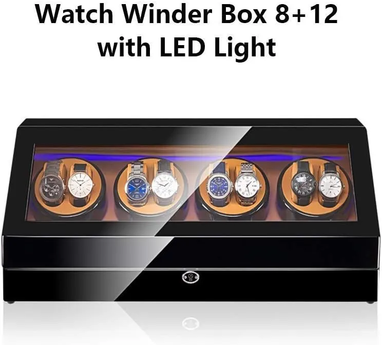Watch Winder for 8 Watches   12 Storage, LED Light, Wood Shell Piano Paint Exterior, Leather Interior, Extremely Silent Motor Watch Winder Display Watch Box Watch Storage