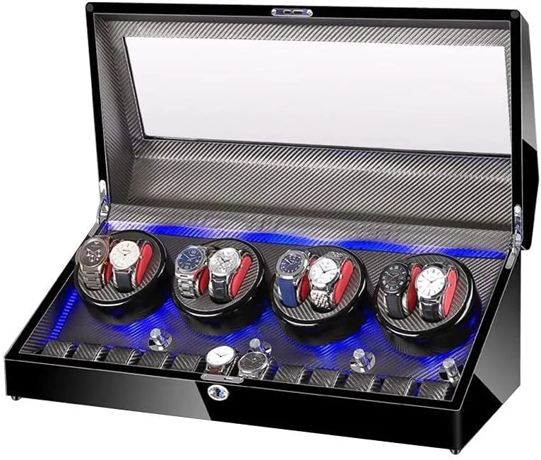 Watch Winder for 8 Watches   12 Storage LED Light Wood Shell Piano Paint Exterior Leather Interior Extremely Silent Motor