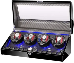 Watch Winder for 8 Watches   12 Storage LED Light Wood Shell Piano Paint Exterior Leather Interior Extremely Silent Motor