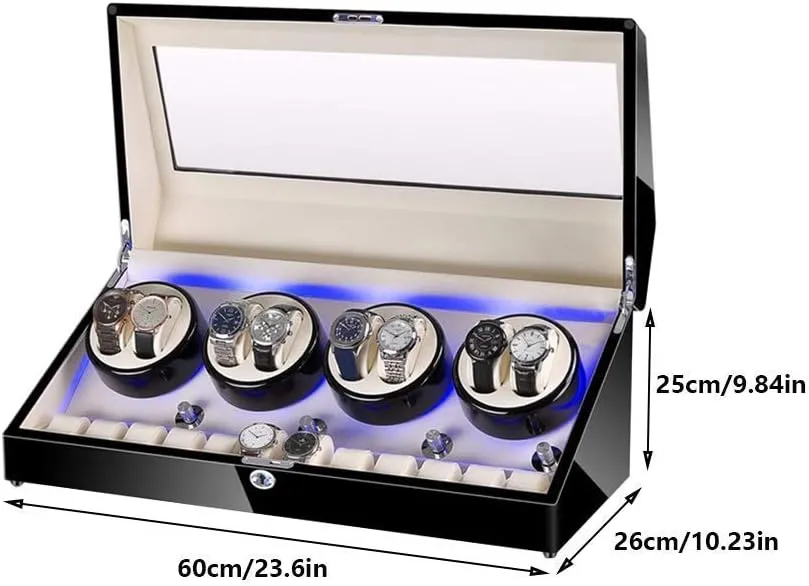 Watch Winder for 8 Watches   12 Storage LED Light Wood Shell Piano Varnish Exterior, Leather Interior, Extremely Quiet Engine Watch Winder Display Watch Box Storage