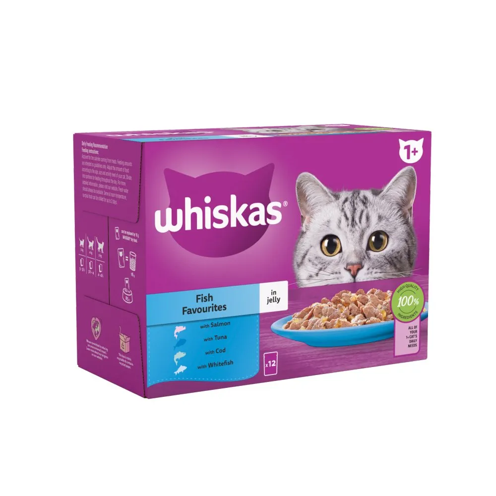 Whiskas 1  Fish Favourites Adult Wet Cat Food Pouches in Jelly 12x85g (Case of 4)