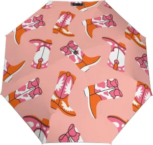 Windproof Travel Umbrellas for Rain,Cowgirl Boots Bow Cowboy Durable & Compact Umbrella-Waterproof Canopy for Backpack, Purse, Portable, Umbrella for Travel