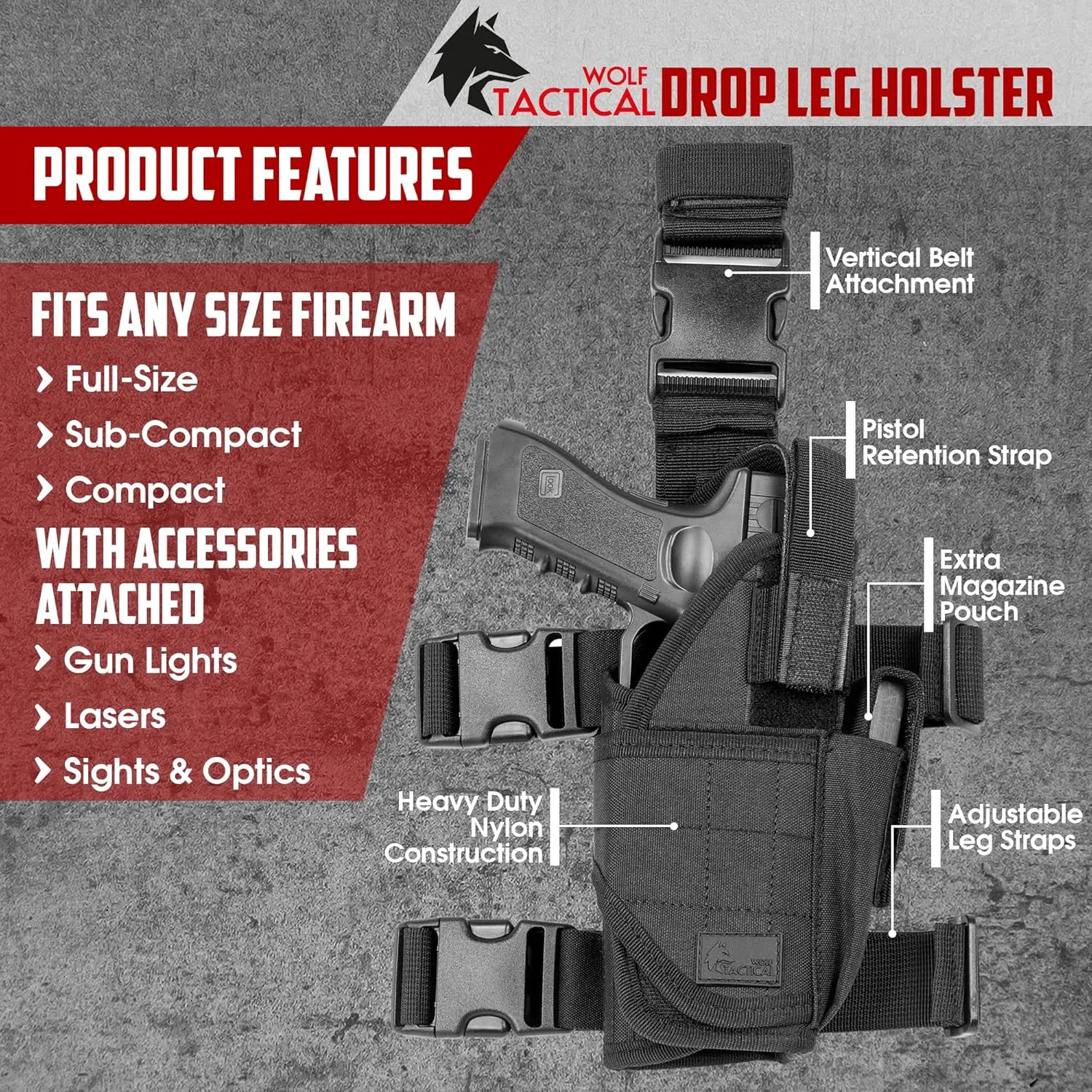 WOLF TACTICAL Drop Leg Holster for 9mm Thigh Holster for Men Leg Holster for Pistols Drop Holster Leg Strap Airsoft Holster