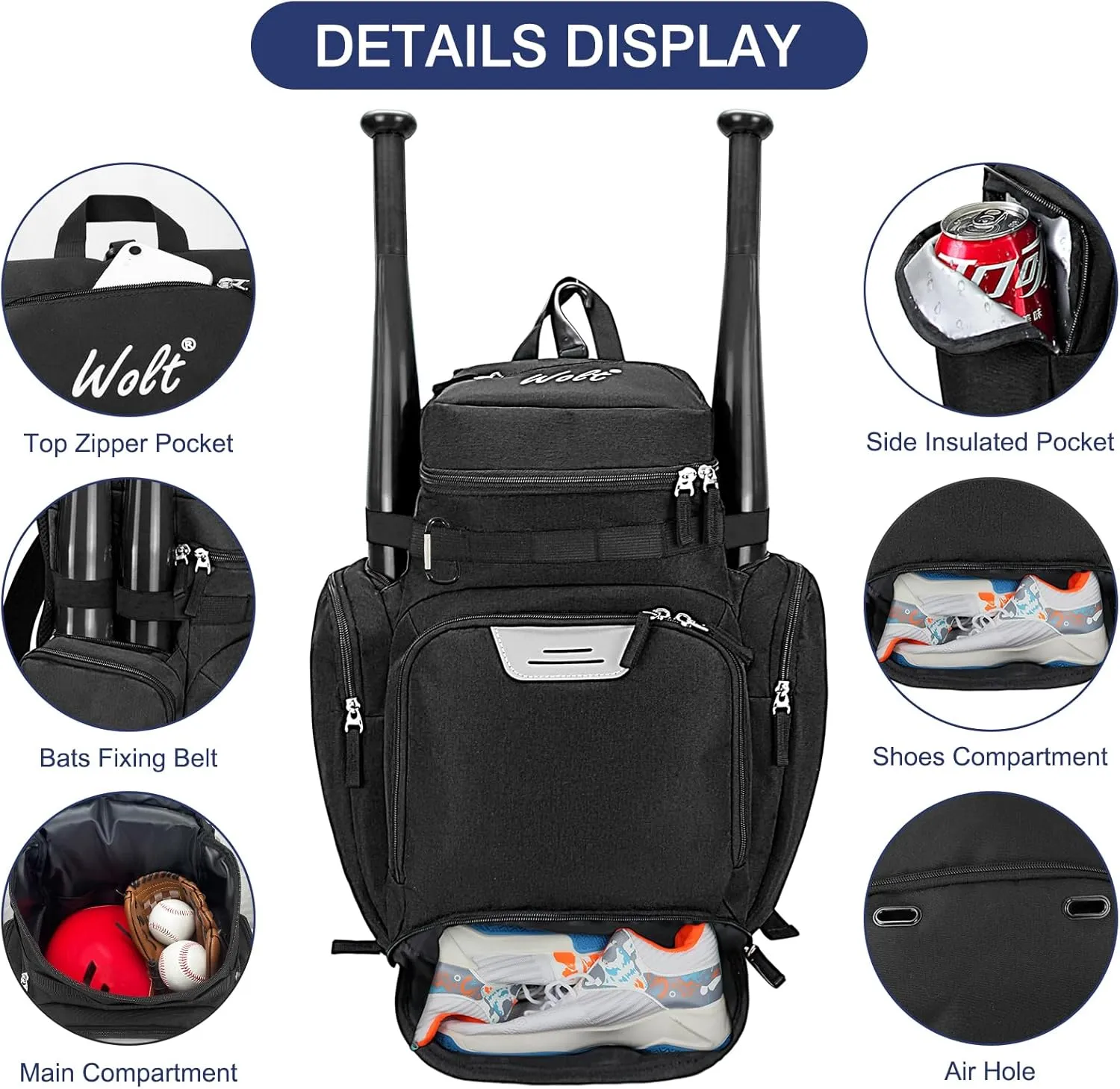WOLT Baseball Bag Backpack for Youth and Adults-Softball Bag with Separate Helmet Compartment and Shoes Pocket,Multifunctional Sport Backpack for Baseball, Volleyball,Basketball, Soccer