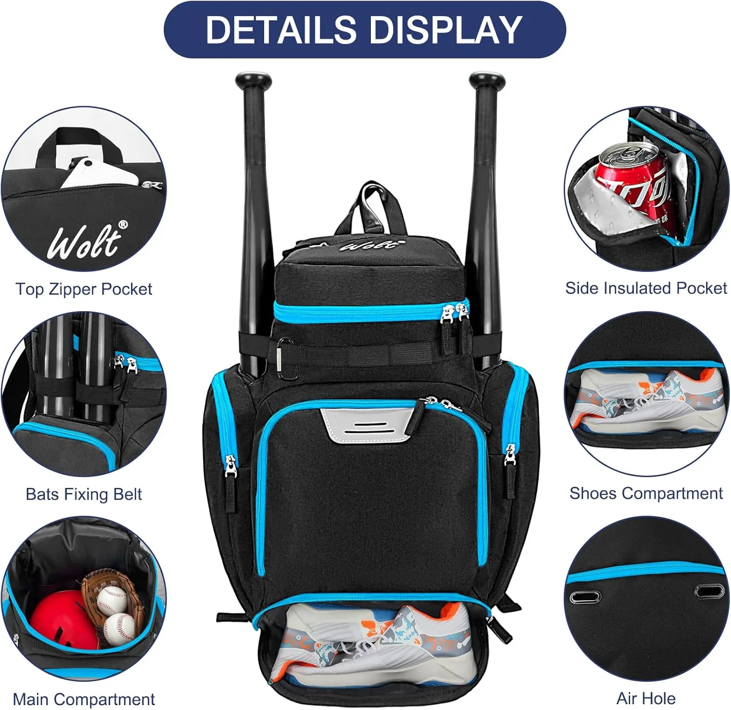 WOLT Baseball Bag Backpack for Youth and Adults-Softball Bag with Separate Helmet Compartment and Shoes Pocket,Multifunctional Sport Backpack for Baseball, Volleyball,Basketball, Soccer