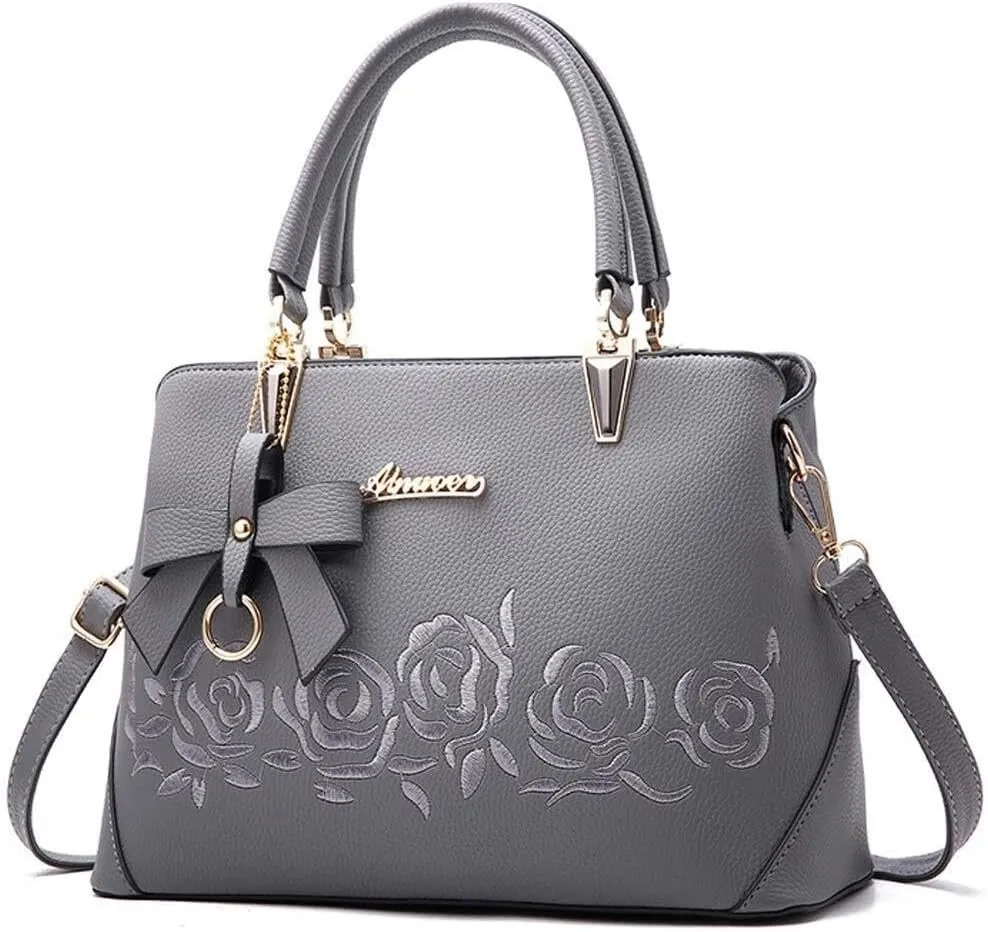 Women Handbags Faux Leather Satchel Flower Embroidery Crossbody Shoulder Purse Medium Tote Bags Top Handle