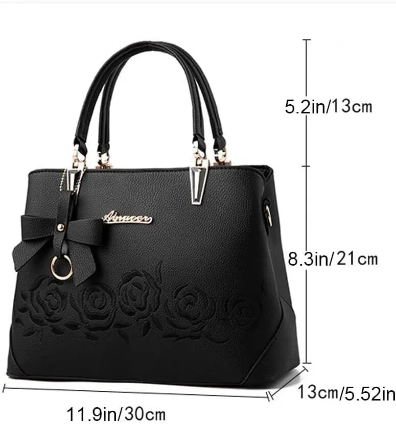 Women Handbags Faux Leather Satchel Flower Embroidery Crossbody Shoulder Purse Medium Tote Bags Top Handle