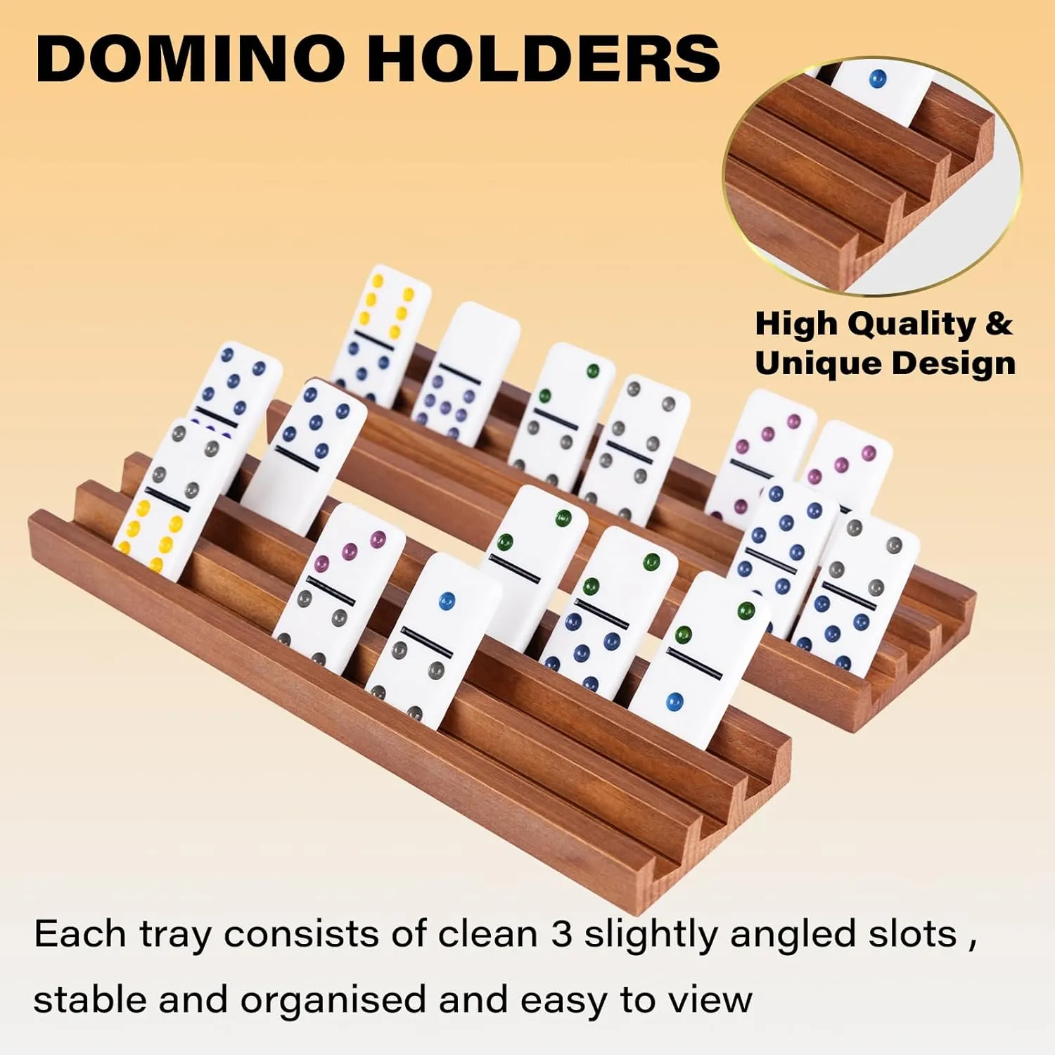 Wooden Domino Racks Set of 4, Domino Tiles Trays and Holders Organizer for Mexican Train and Other Games
