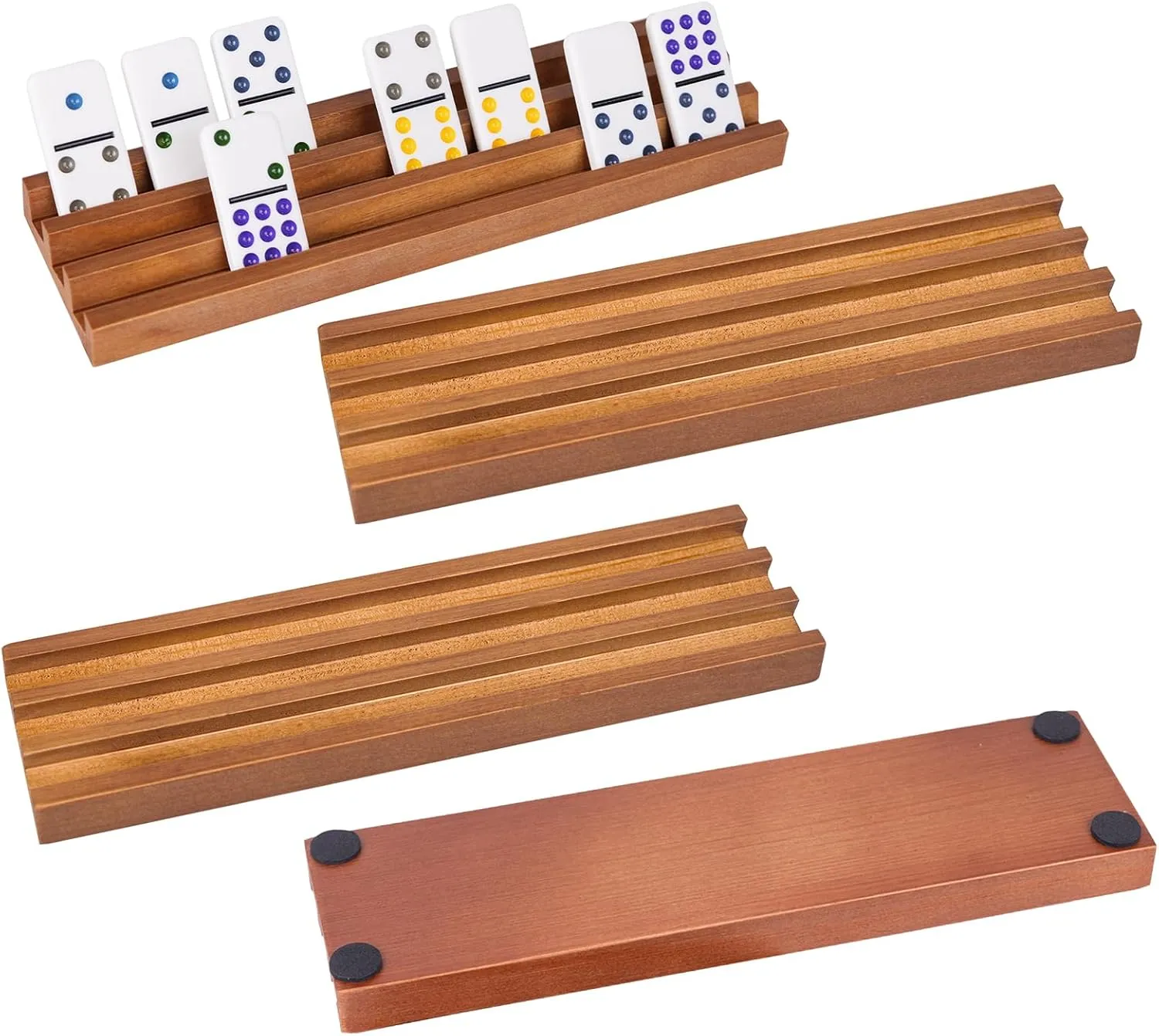 Wooden Domino Racks Set of 4, Domino Tiles Trays and Holders Organizer for Mexican Train and Other Games