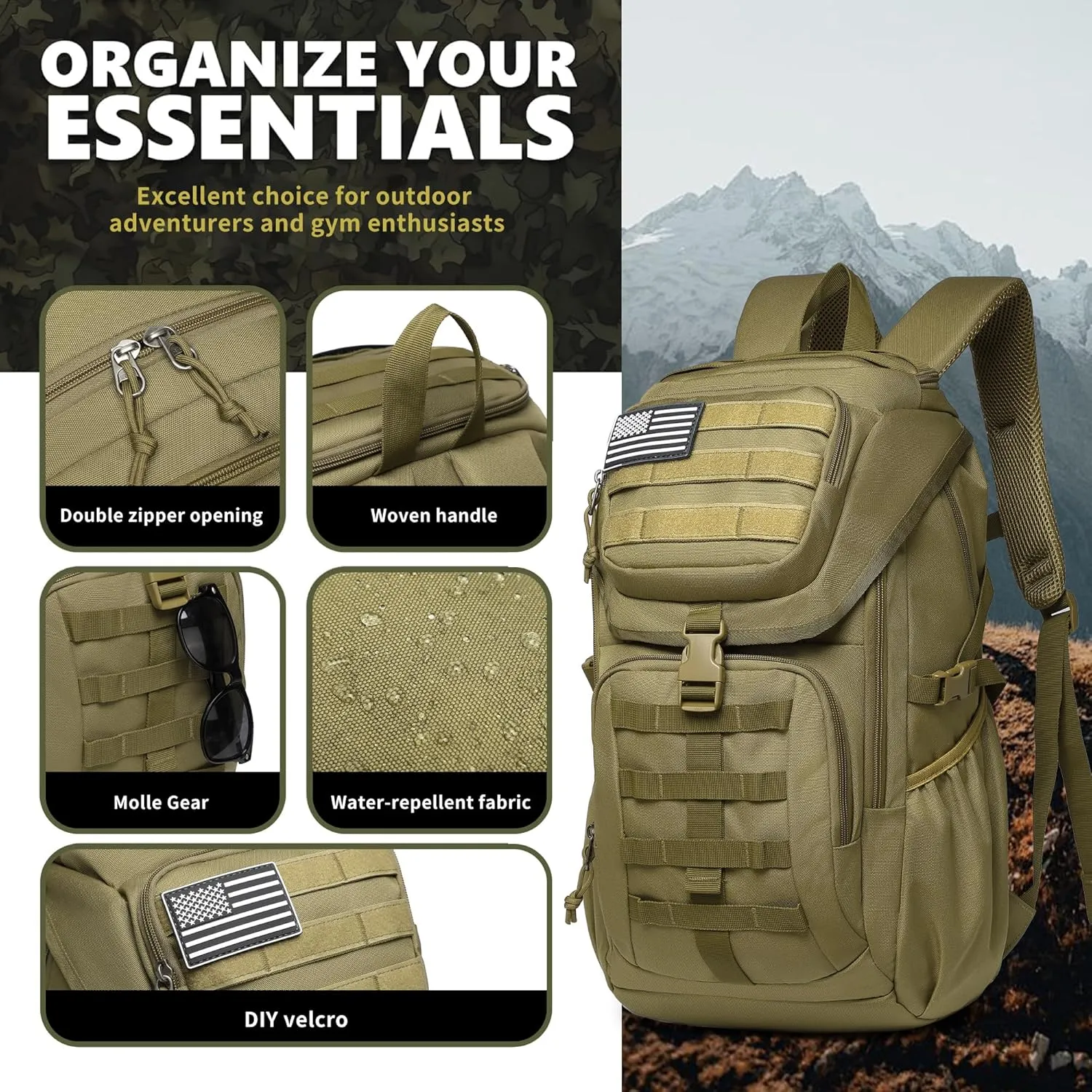 Wotony Tactical Assault Pack Backpack Molle Military Backpack Outdoor Hiking Camping Rucksack Waterproof backpack for men (khaki, 25L)
