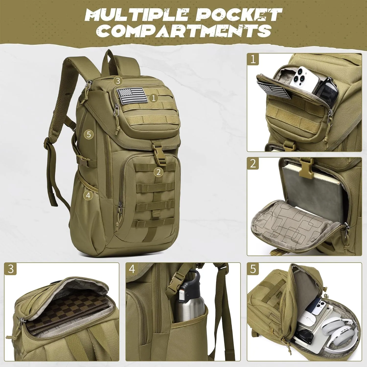 Wotony Tactical Assault Pack Backpack Molle Military Backpack Outdoor Hiking Camping Rucksack Waterproof backpack for men (khaki, 25L)