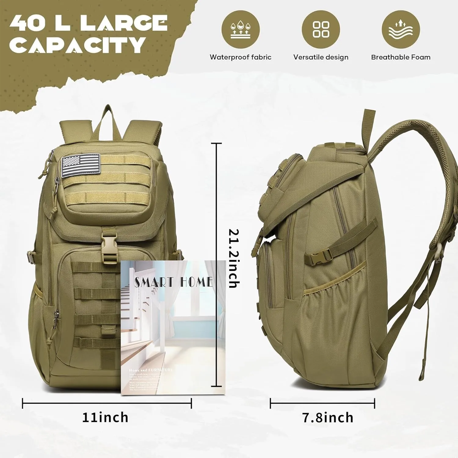 Wotony Tactical Assault Pack Backpack Molle Military Backpack Outdoor Hiking Camping Rucksack Waterproof backpack for men (khaki, 25L)
