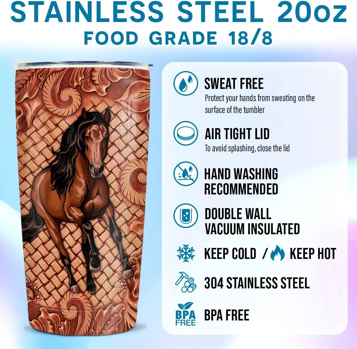 wowcugi Horse Tumbler 20oz Gifts For Women Stainless Steel Insulated Tumblers Cup With Lid Equestrian Gifts For Girls Horses Gift Birthday Christmas