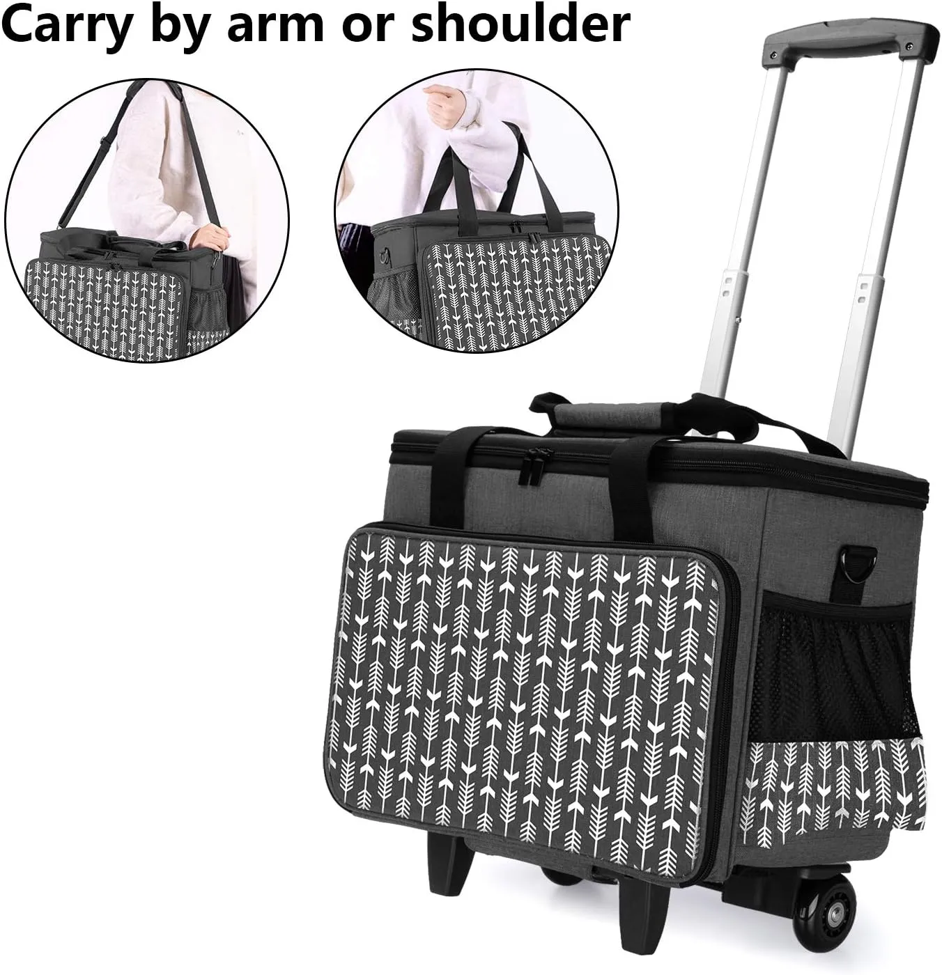 Yarwo 𝟐𝟎𝟐𝟓 𝐍𝐄𝐖 Detachable Rolling Sewing Machine Carrying Case, Trolley Tote Bag with Removable Bottom Board for Most Standard Sewing Machine and Accessoriess, Black with Arrow