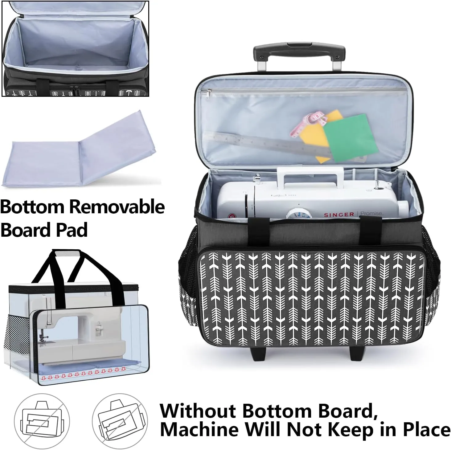 Yarwo 𝟐𝟎𝟐𝟓 𝐍𝐄𝐖 Detachable Rolling Sewing Machine Carrying Case, Trolley Tote Bag with Removable Bottom Board for Most Standard Sewing Machine and Accessoriess, Black with Arrow