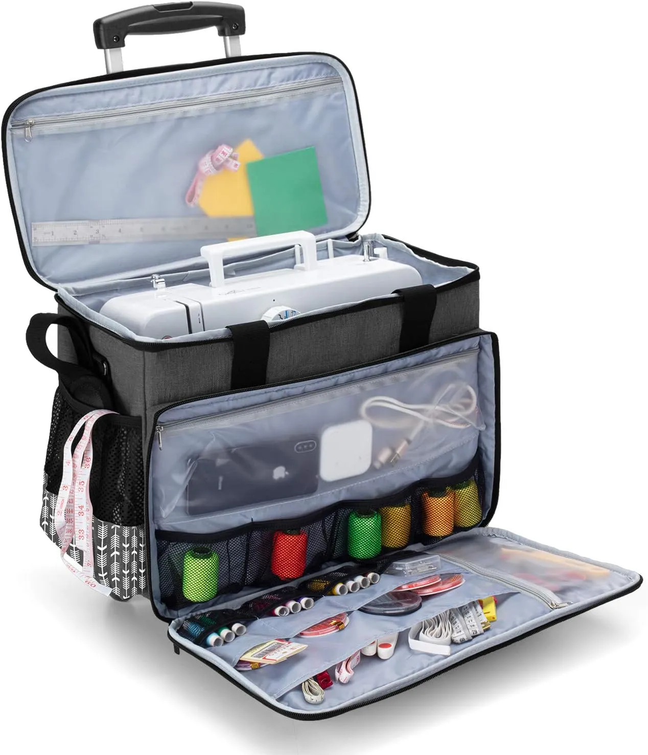Yarwo 𝟐𝟎𝟐𝟓 𝐍𝐄𝐖 Detachable Rolling Sewing Machine Carrying Case, Trolley Tote Bag with Removable Bottom Board for Most Standard Sewing Machine and Accessoriess, Black with Arrow