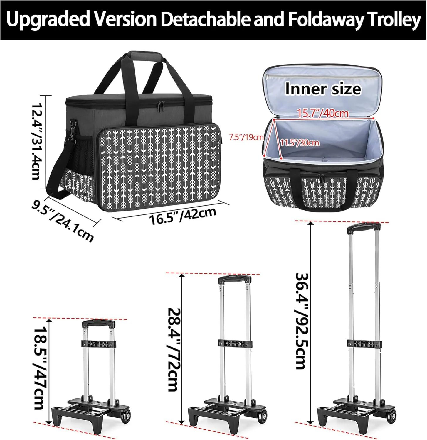 Yarwo 𝟐𝟎𝟐𝟓 𝐍𝐄𝐖 Detachable Rolling Sewing Machine Carrying Case, Trolley Tote Bag with Removable Bottom Board for Most Standard Sewing Machine and Accessoriess, Black with Arrow