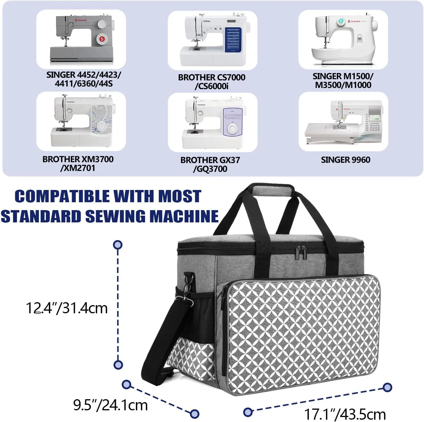 Yarwo Sewing Machine Carrying Case with Thicken Bottom Board, Universal Sewing Machine Tote Compatible with Most Standard Sewing Machine and Accessories, Gray with Grid