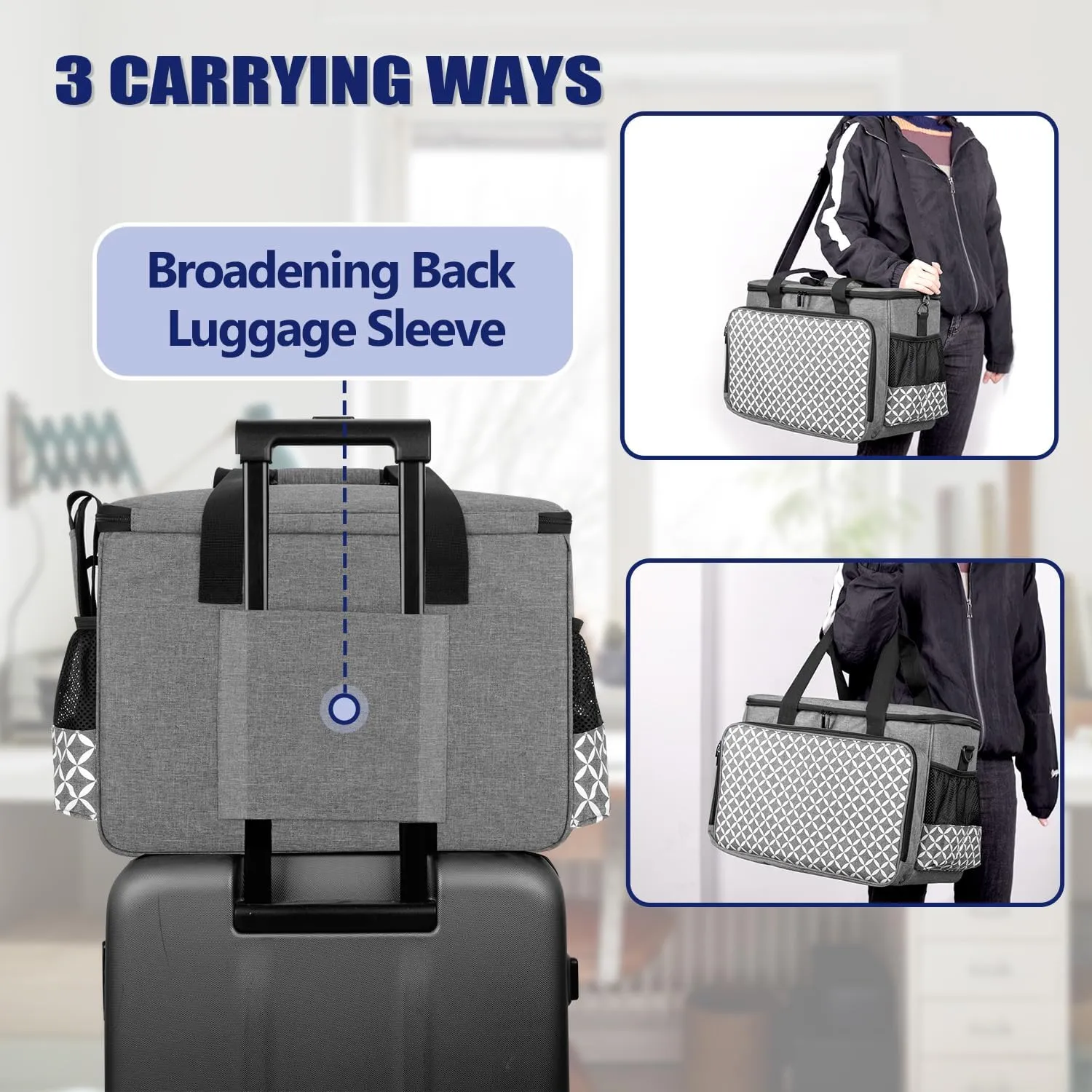 Yarwo Sewing Machine Carrying Case with Thicken Bottom Board, Universal Sewing Machine Tote Compatible with Most Standard Sewing Machine and Accessories, Gray with Grid