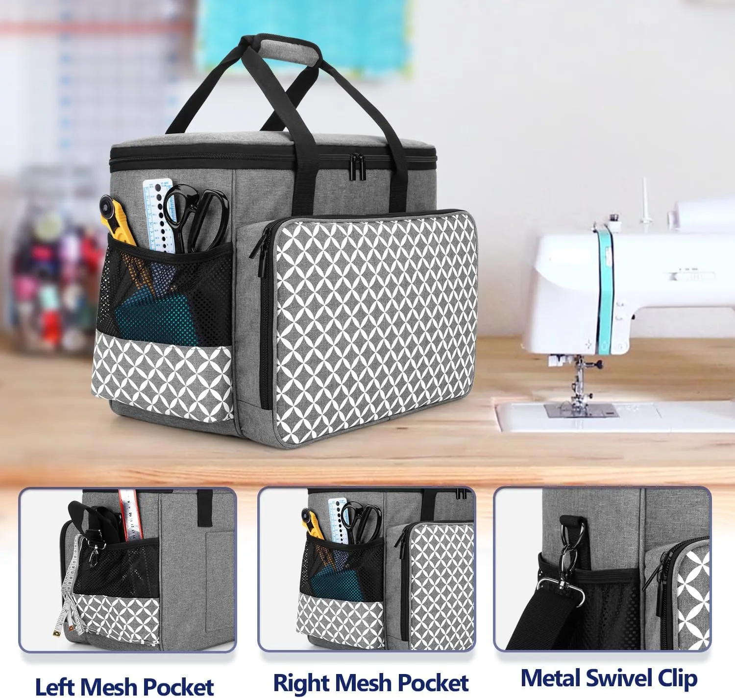 Yarwo Sewing Machine Carrying Case with Thicken Bottom Board, Universal Sewing Machine Tote Compatible with Most Standard Sewing Machine and Accessories, Gray with Grid