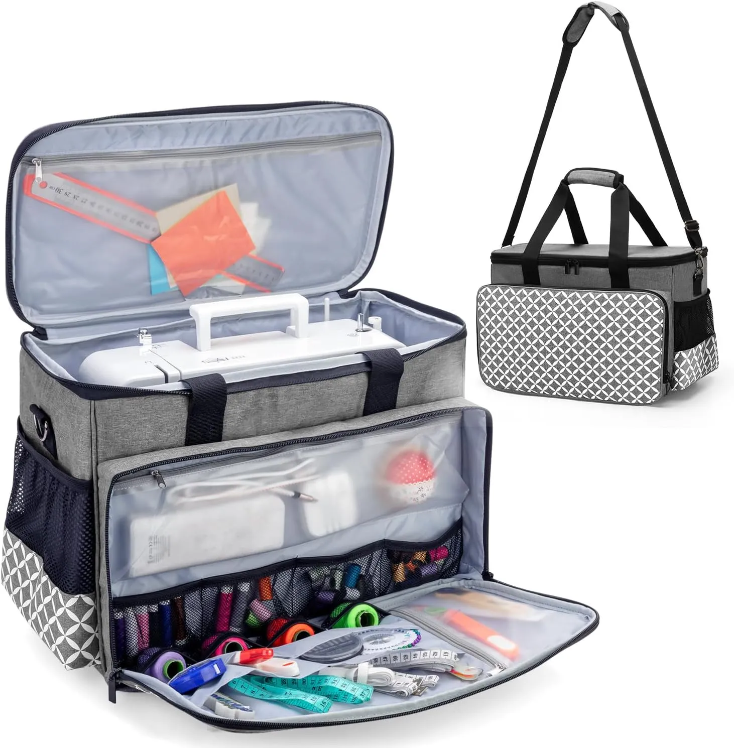 Yarwo Sewing Machine Carrying Case with Thicken Bottom Board, Universal Sewing Machine Tote Compatible with Most Standard Sewing Machine and Accessories, Gray with Grid