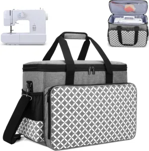 Yarwo Sewing Machine Carrying Case with Thicken Bottom Board, Universal Sewing Machine Tote Compatible with Most Standard Sewing Machine and Accessories, Gray with Grid