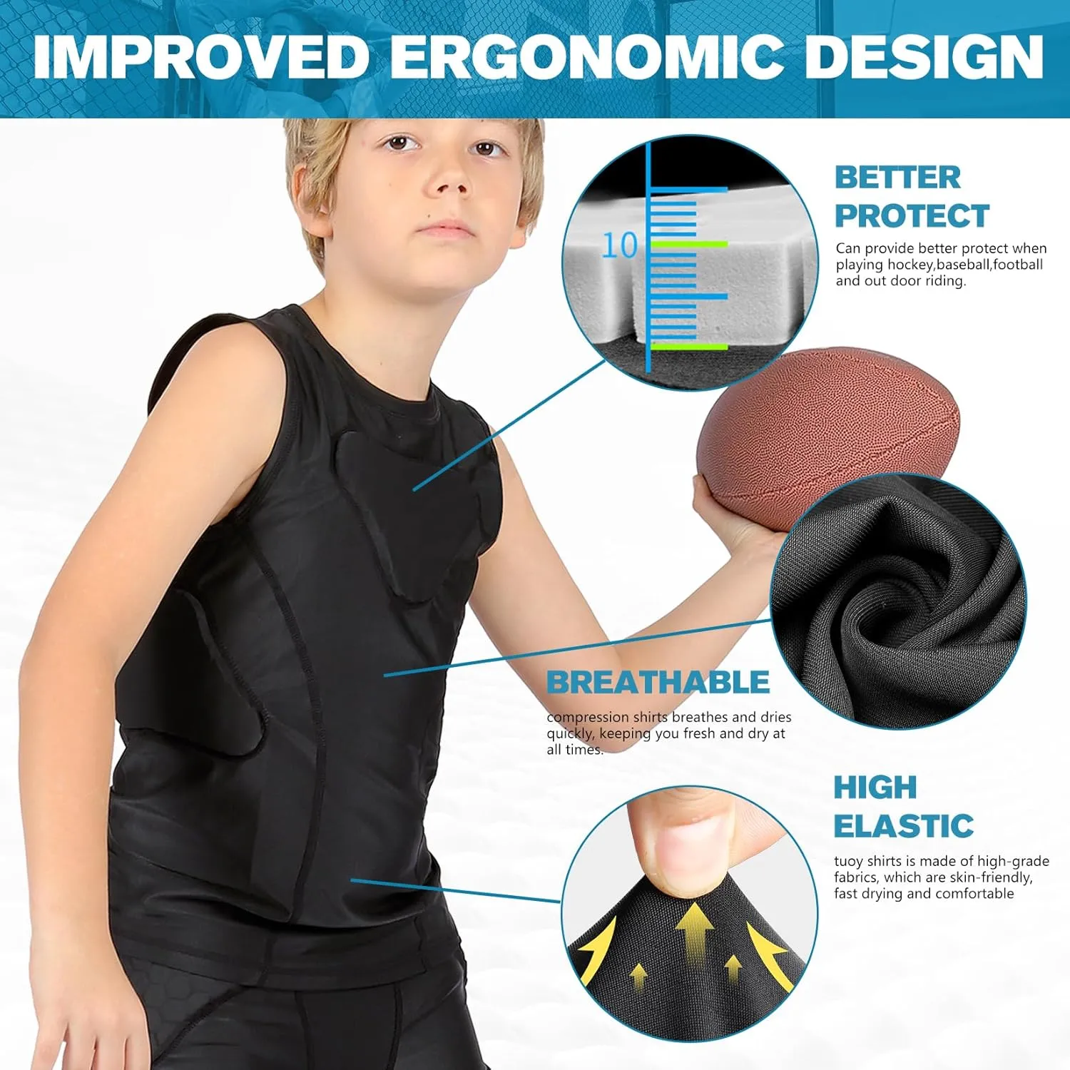 Youth Boys Football Rib Protector Padded Compression for Football Baseball Basketball Paintball Shirt