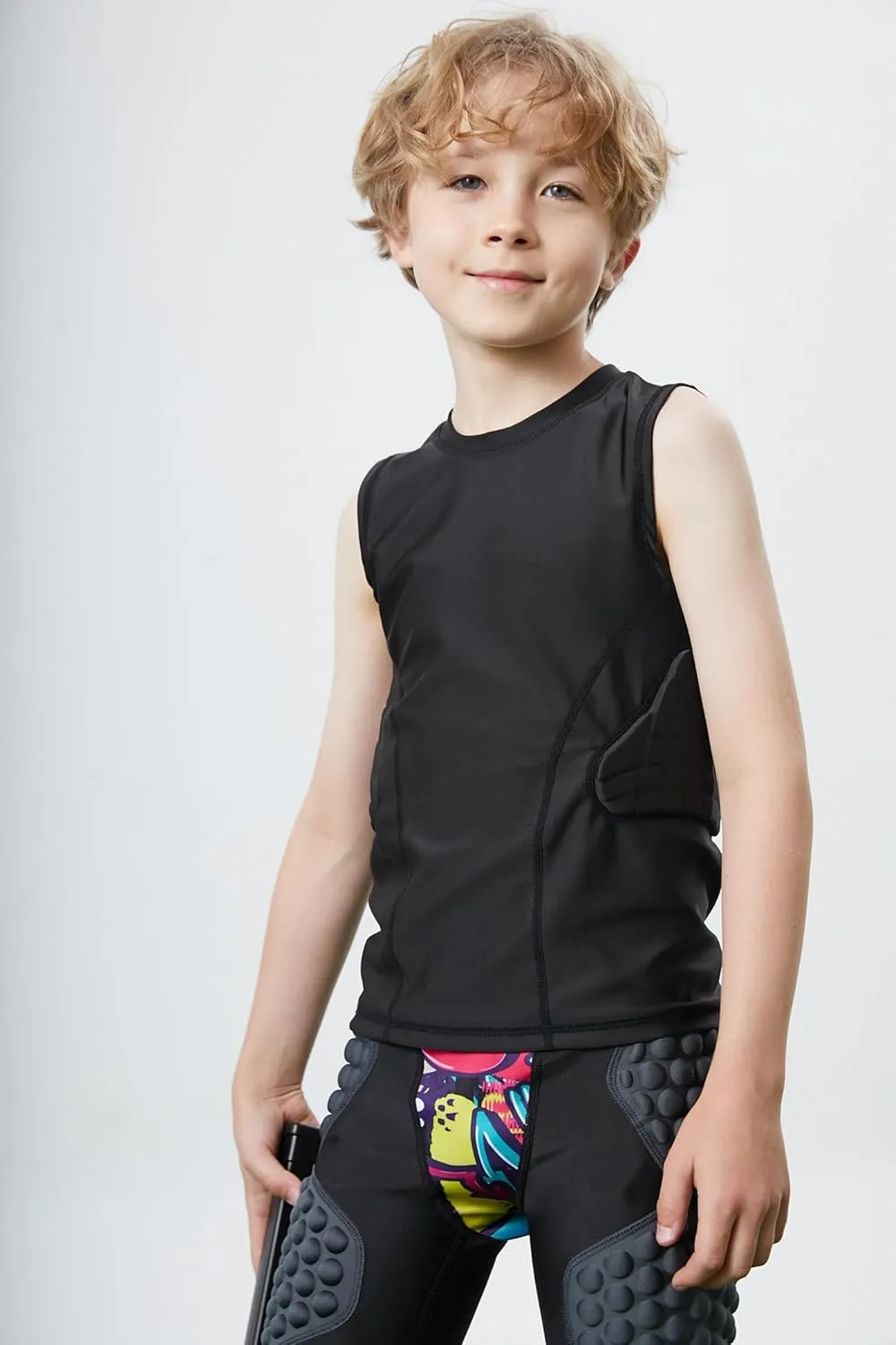 Youth Padded Football Shirt, Rib Protectors Kids Compression Shirt with Pads Basketball Protective Gear Rugby Tank Top
