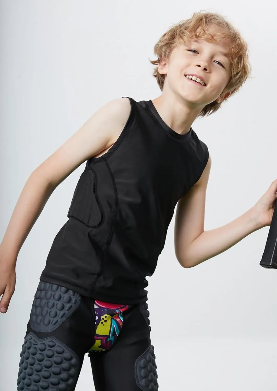 Youth Padded Football Shirt, Rib Protectors Kids Compression Shirt with Pads Basketball Protective Gear Rugby Tank Top