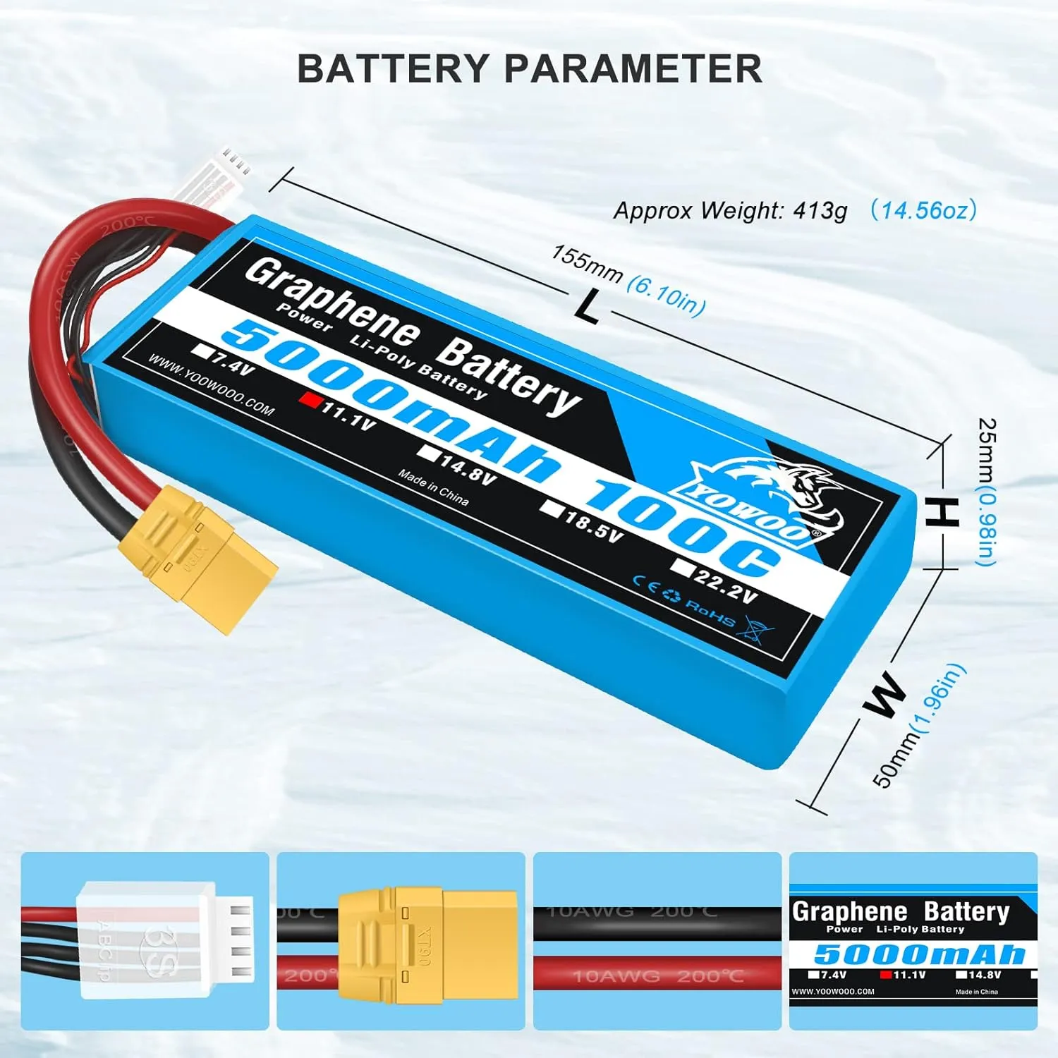 Yowoo Graphene Battery 3S 5000mAh 100C 11.1V LiPo RC Battery with XT90 Plug for 1/8 Scale Vehicles Arrma Slash VXL Slash 4x4 VXL E-maxx Brushless Axial e-revo Brushless and Spartan Models