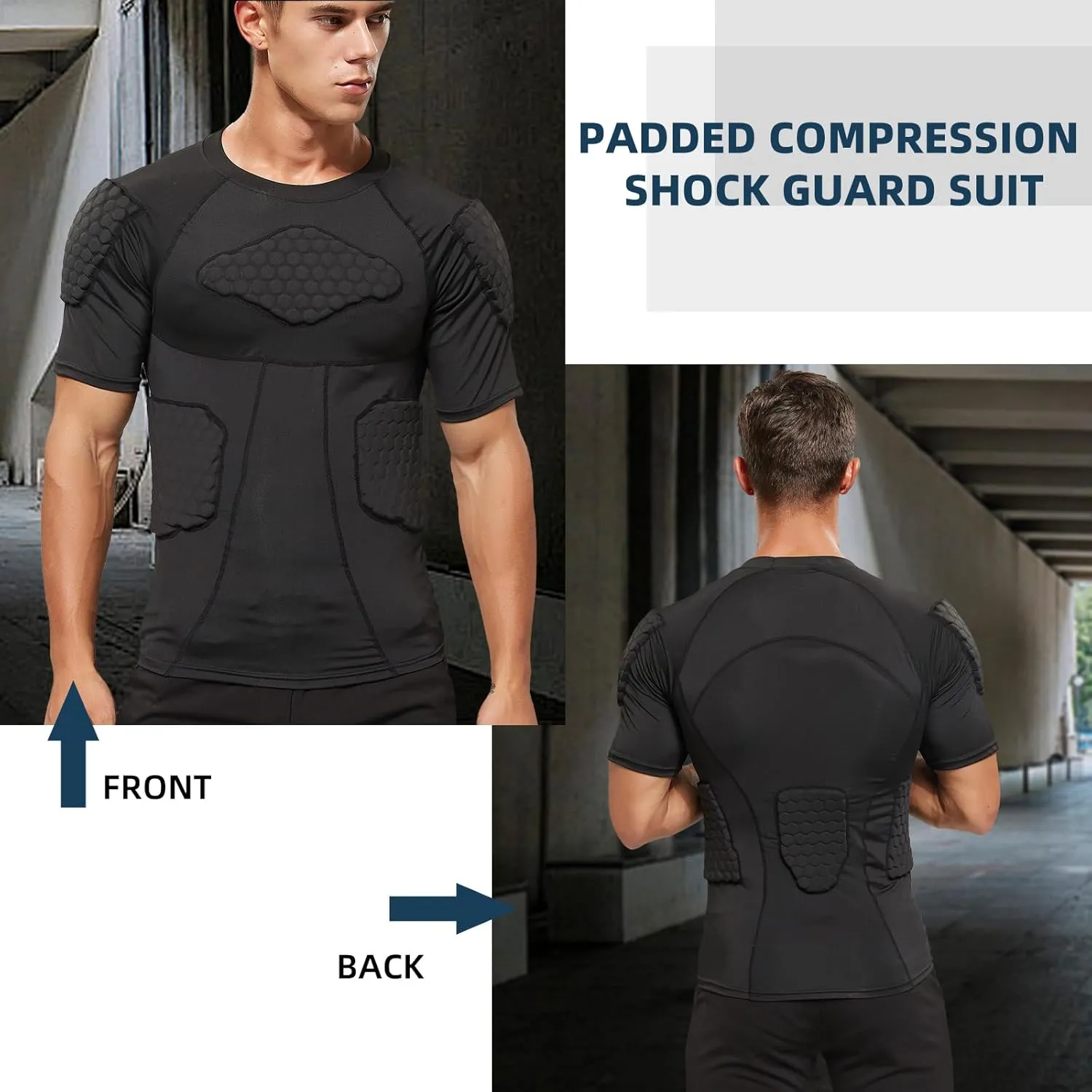 Zicac Men's Sports Shock Rash Guard Compression Padded Shirt Soccer Basketball Protective Gear Chest Rib Guards