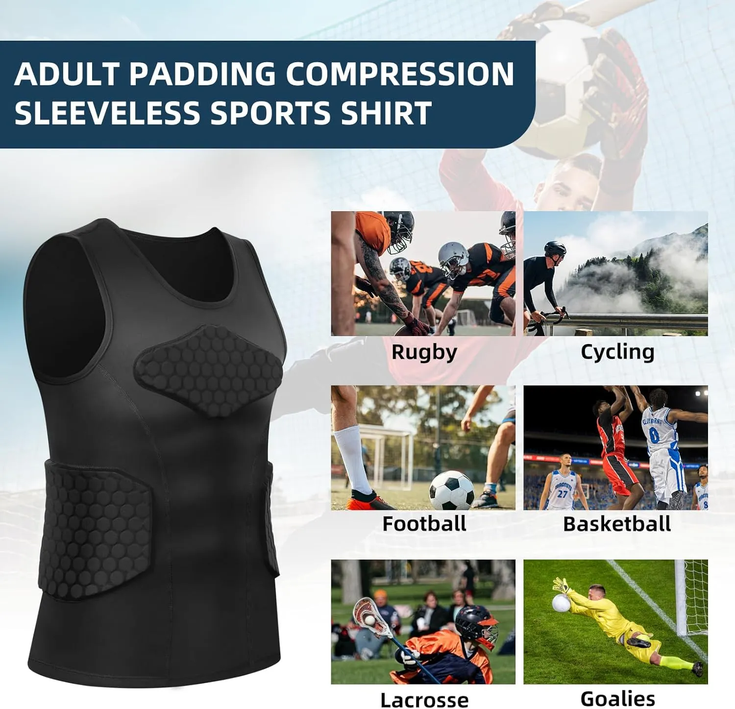 Zicac Men's Sports Shock Rash Guard Compression Padded Shirt Soccer Basketball Protective Gear Chest Rib Guards