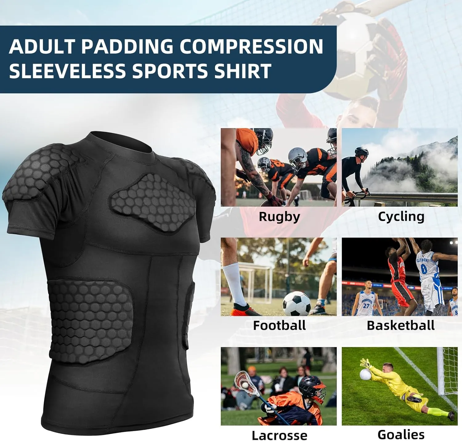 Zicac Men's Sports Shock Rash Guard Compression Padded Shirt Soccer Basketball Protective Gear Chest Rib Guards