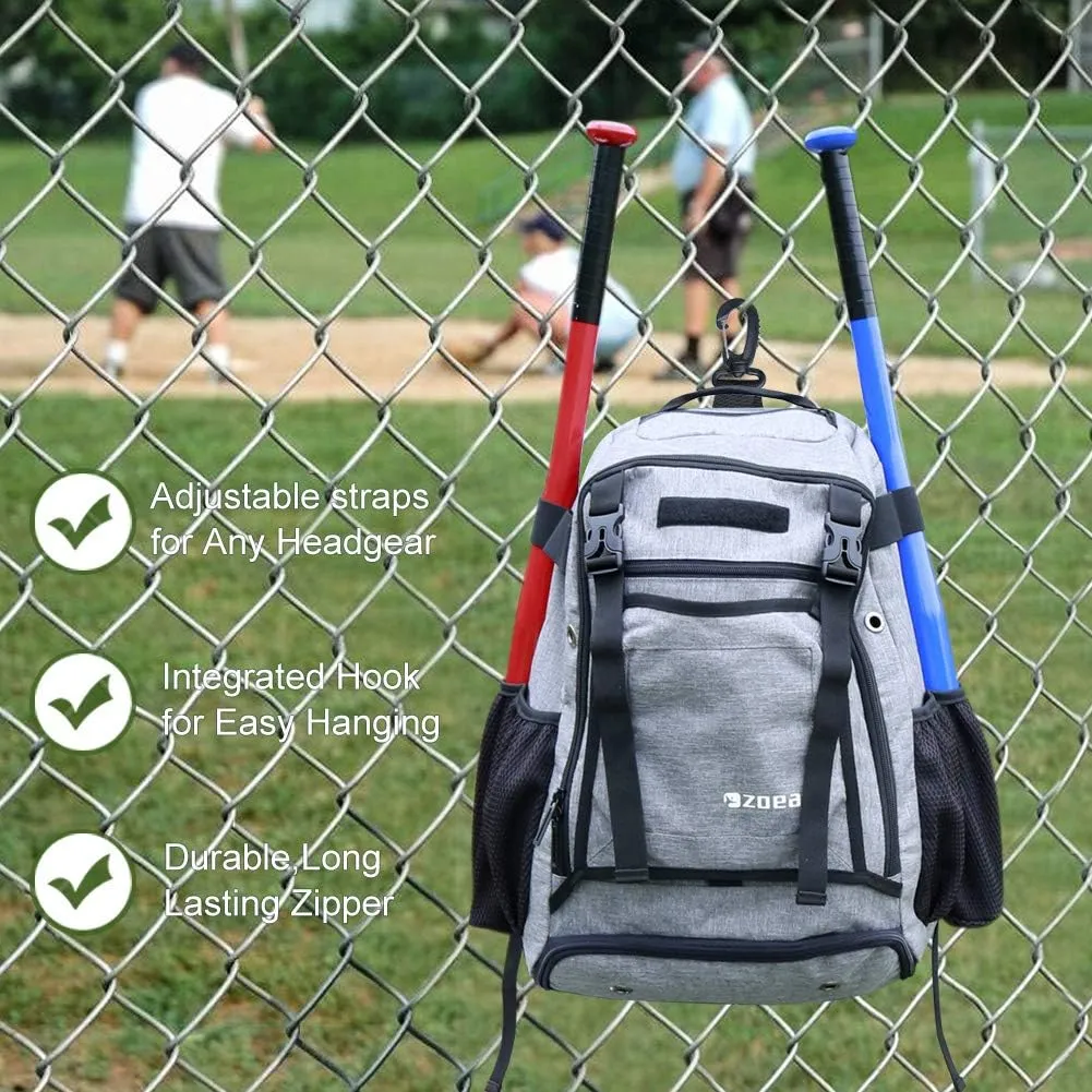 ZOEA Baseball Bat Bag Backpack, T-Ball & Softball Equipment & Gear for Youth and Adults, Large Capacity Holds 4 Bats, Helmet, Gloves, Cleats,Shoes Compartment & Helmet Holder