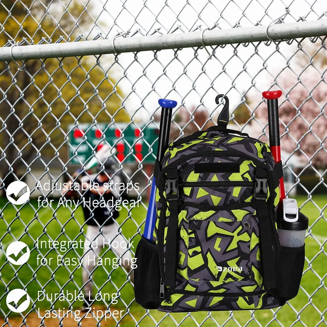 ZOEA Youth Baseball Bat Bag Backpack, T-Ball & Softball Equipment & Gear for Youth, Large Capacity Holds 2 Bats, Helmet, Gloves, Cleats, Helmet Holder and Includes Fence Hook